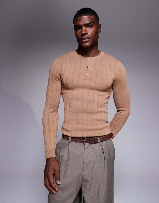 ASOS DESIGN muscle fit knitted rib long sleeve henley neck t-shirt in tan