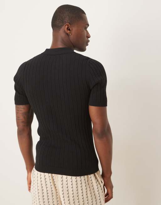 ASOS DESIGN muscle fit knit ribbed polo T-shirt in black