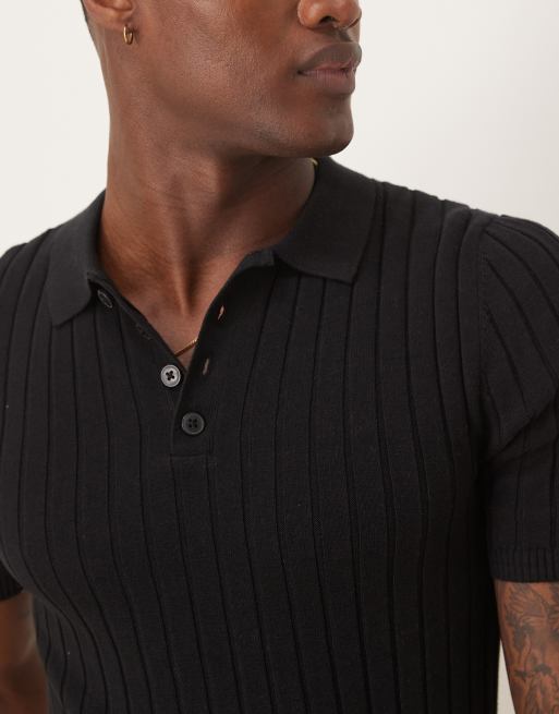 ASOS DESIGN muscle fit knit ribbed polo T-shirt in black