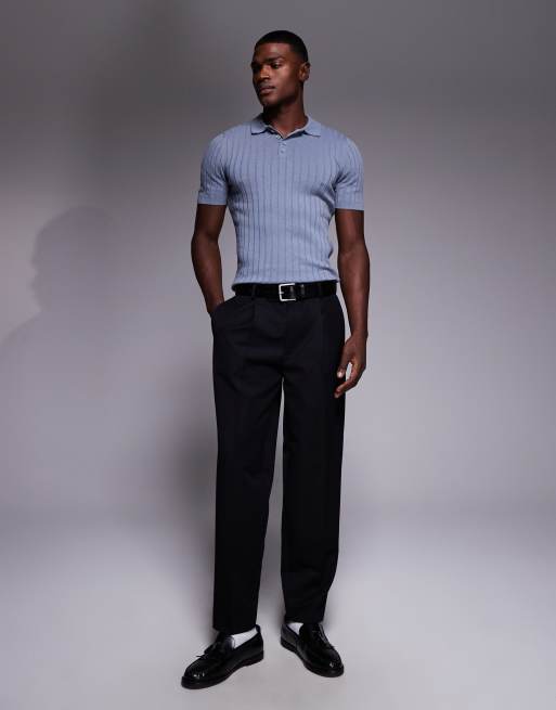 ASOS DESIGN muscle fit knitted rib polo t-shirt in blue, 2 of 5