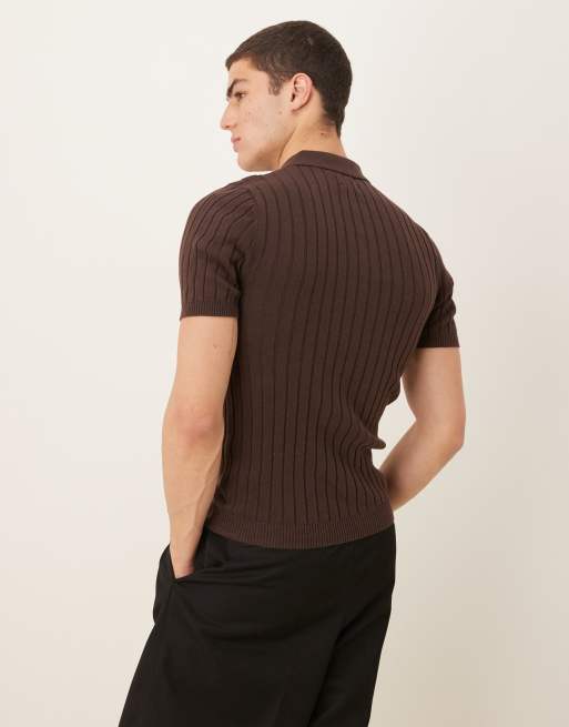 ASOS DESIGN muscle fit knitted rib polo t-shirt in brown, 4 of 4
