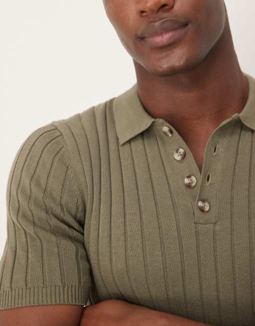 ASOS DESIGN muscle fit knitted rib polo t-shirt in khaki