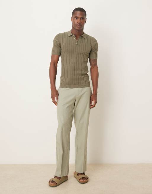 ASOS DESIGN muscle fit knitted rib polo t-shirt in khaki