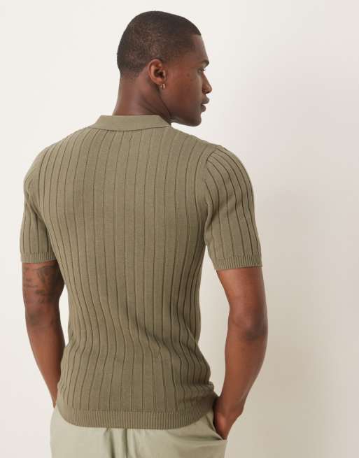 ASOS DESIGN muscle fit knitted rib polo t-shirt in khaki