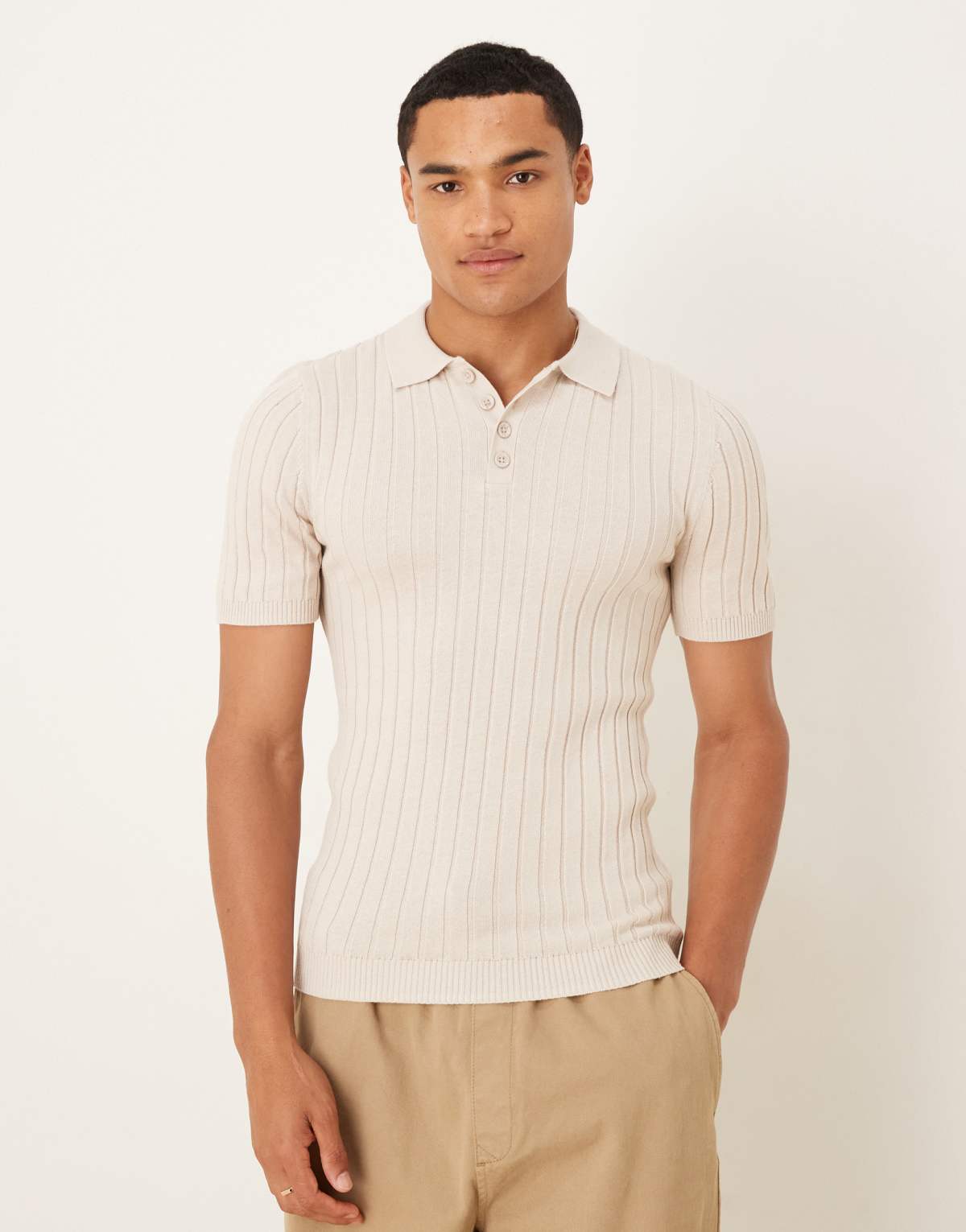 ASOS DESIGN muscle fit knitted rib polo t-shirt in stone