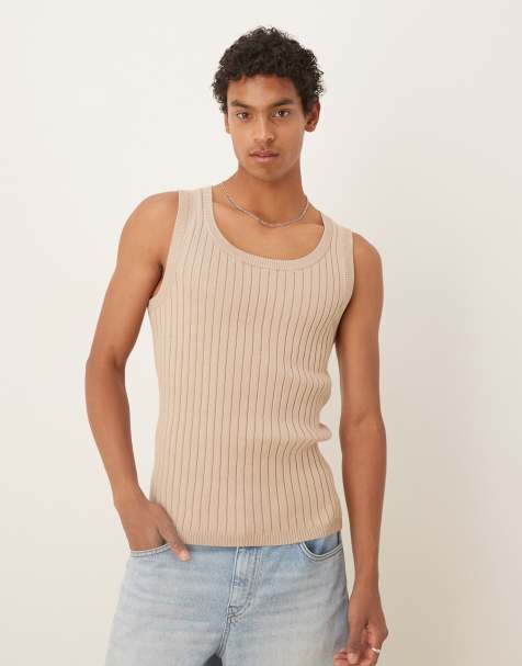 ASOS DESIGN muscle fit knitted rib singlet in stone - view 1