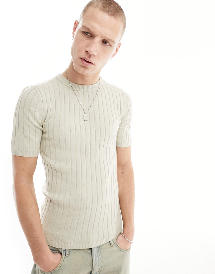 ASOS DESIGN muscle fit knitted rib t-shirt in stone-Neutral