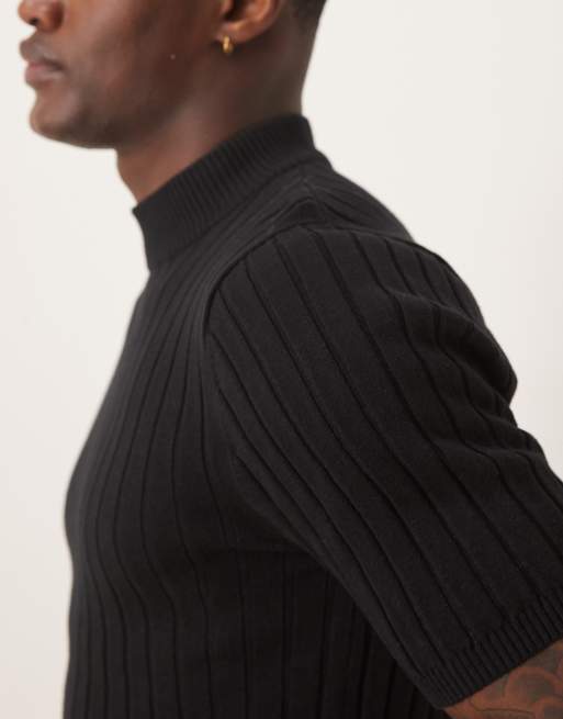 ASOS DESIGN muscle fit knitted rib turtle neck t-shirt in black