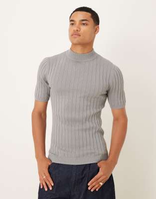 ASOS DESIGN muscle fit knitted rib turtle neck t-shirt in grey - view 1
