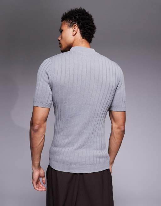 ASOS DESIGN muscle fit knitted rib turtle neck t-shirt in grey, 3 of 5
