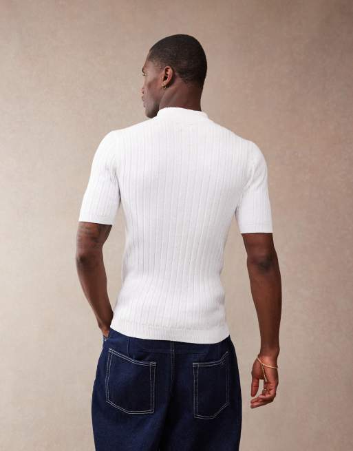 ASOS DESIGN muscle fit knitted rib turtle neck t-shirt in white, 3 of 4