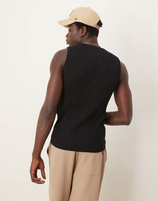 ASOS DESIGN muscle fit knitted rib vest in black