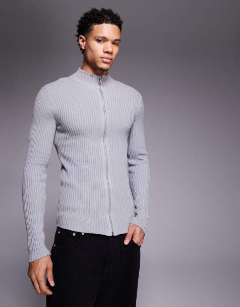 ASOS DESIGN muscle fit knitted rib zip through jacket in grey wash - view 1