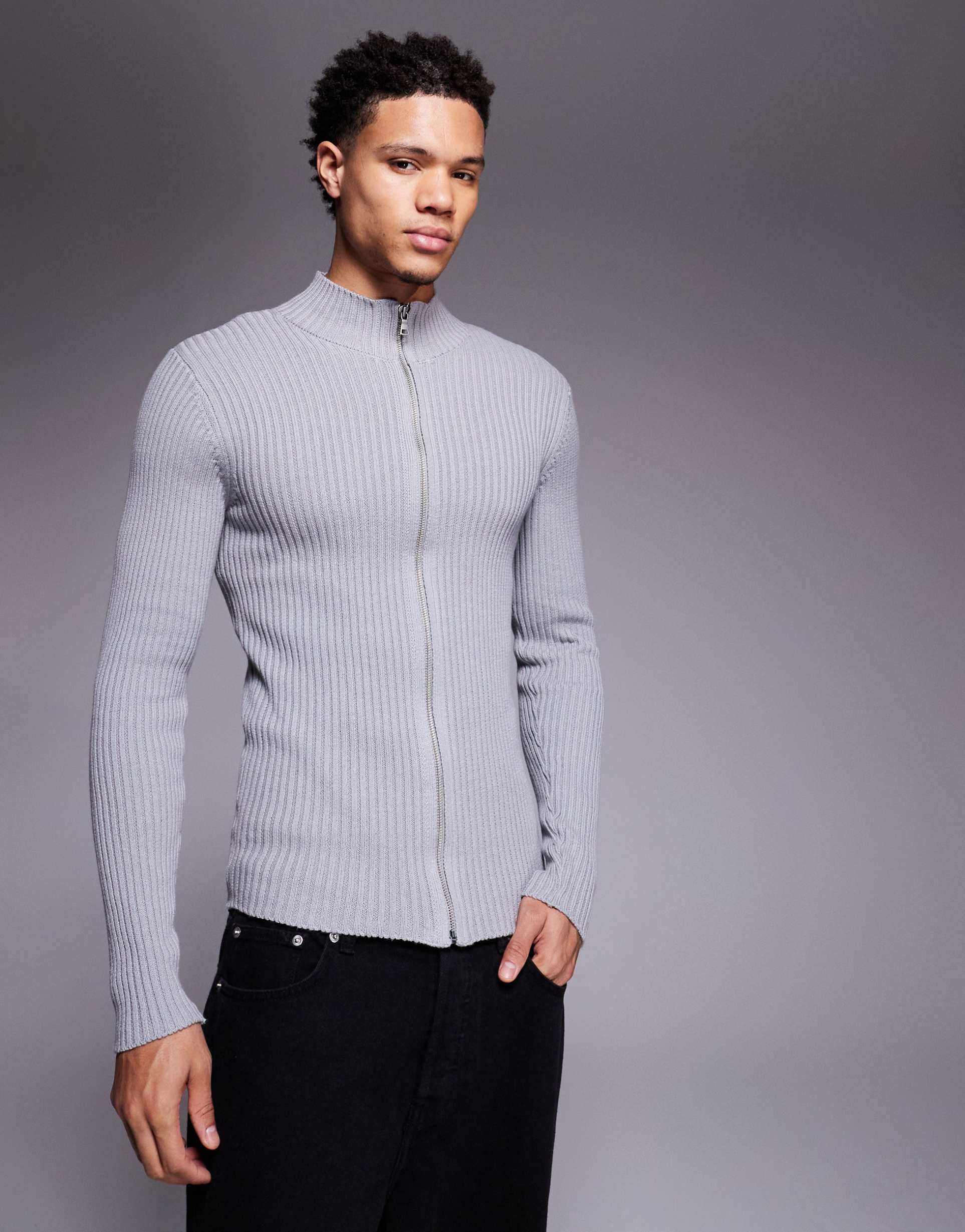 ASOS DESIGN muscle fit knitted rib zip through jacket in grey wash