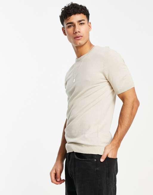 ASOS DESIGN muscle fit knitted t shirt in stone