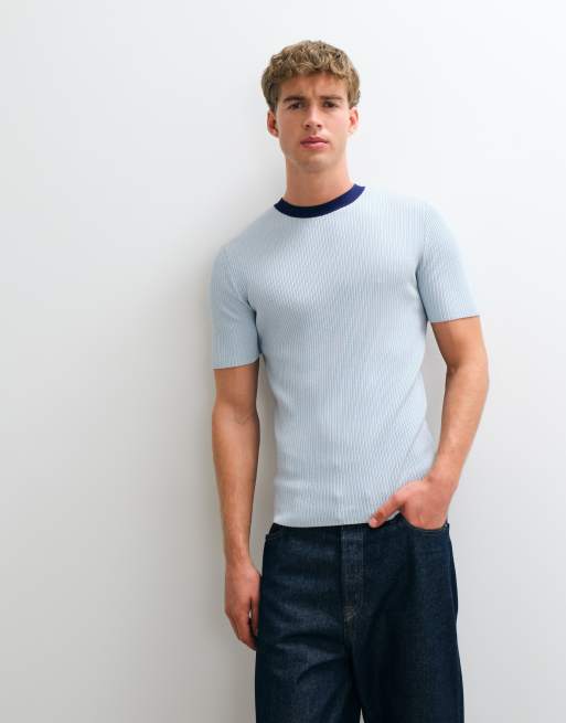 ASOS DESIGN muscle fit knitted t shirt with contrast collar in light blue, 2 of 5
