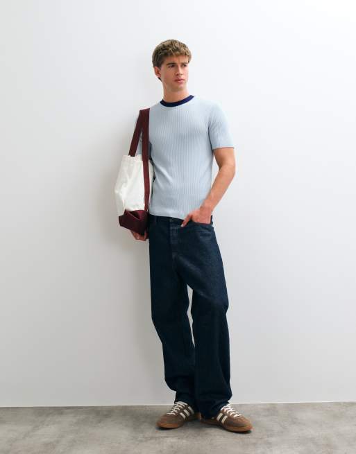 ASOS DESIGN muscle fit knitted t shirt with contrast collar in light blue, 3 of 5