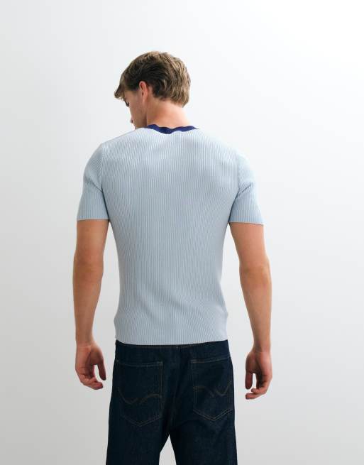 ASOS DESIGN muscle fit knitted t shirt with contrast collar in light blue, 5 of 5