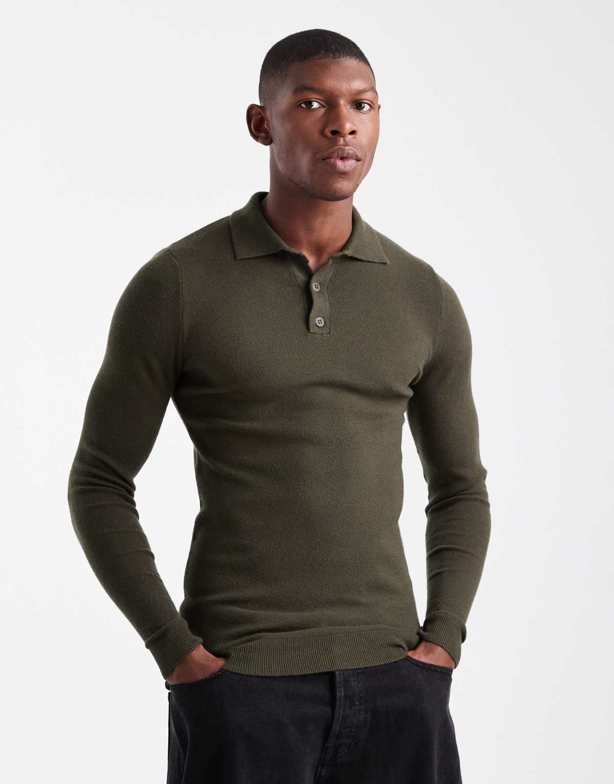ASOS DESIGN muscle fit knitted textured polo in dark green