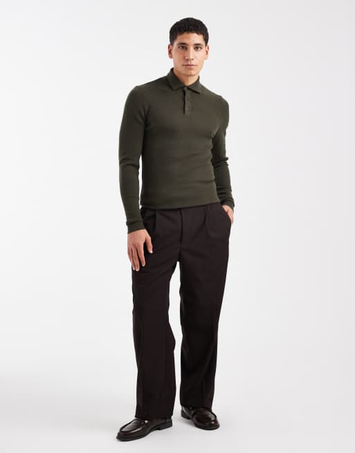 ASOS DESIGN muscle fit knitted textured polo in dark green, 2 of 5
