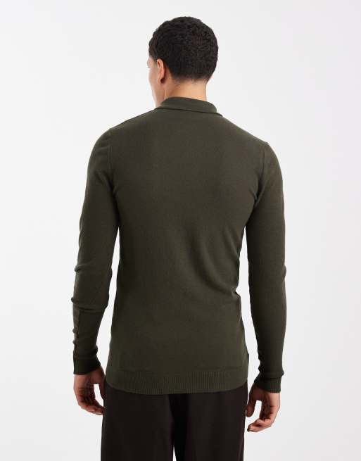 ASOS DESIGN muscle fit knitted textured polo in dark green, 3 of 5