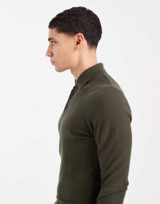 ASOS DESIGN muscle fit knitted textured polo in dark green, 4 of 5