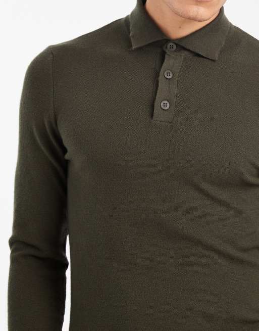 ASOS DESIGN muscle fit knitted textured polo in dark green, 5 of 5