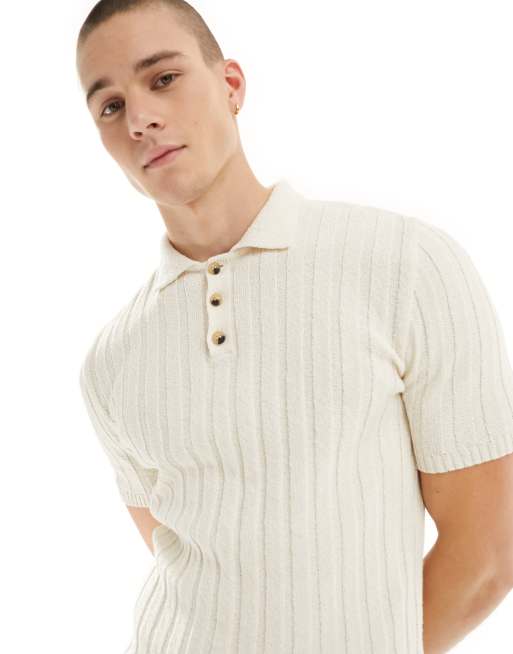 ASOS DESIGN muscle fit knitted textured rib polo in stone