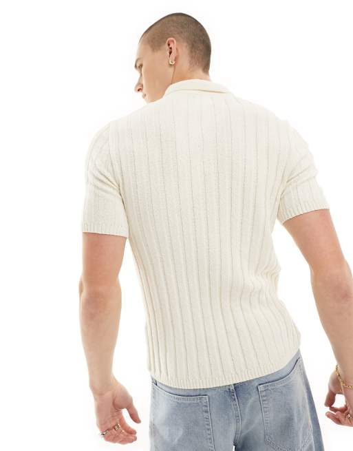 ASOS DESIGN muscle fit knitted textured rib polo in stone, 4 of 4
