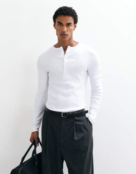 ASOS DESIGN Muscle-Fit Langarm-Henley-T-Shirt in Weiß, gerippt - view 1