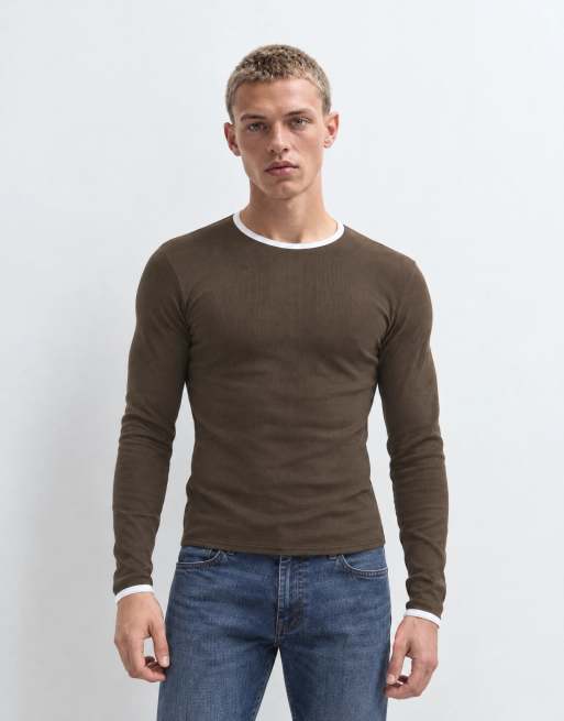 ASOS DESIGN Muscle Fit Langarm-Ringer-T-Shirt in Braun aus Ripp, 8 von 8
