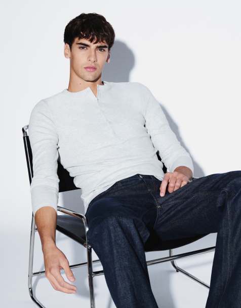 ASOS DESIGN muscle fit långärmad henley-t-shirt i gråmelerad ribb - view 1
