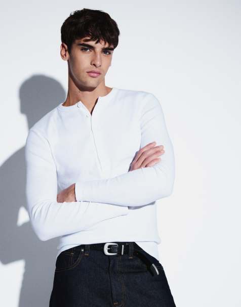 ASOS DESIGN muscle fit långärmad henley-t-shirt i vit ribb - view 1