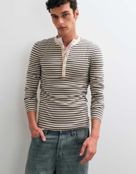 ASOS DESIGN muscle fit långärmad randig henley i sten och svart - view 1