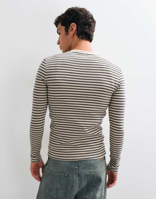 ASOS DESIGN muscle fit långärmad randig henley i sten och svart, 5 av 5