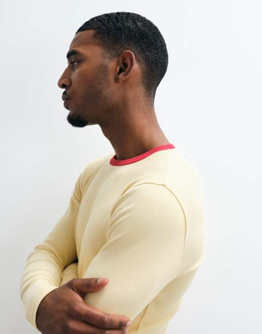 ASOS DESIGN muscle fit långärmad ringer-t-shirt i gul och röd ribb, 2 av 5