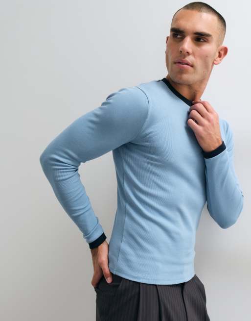 ASOS DESIGN muscle fit långärmad ringer-t-shirt i ljusblått, 3 av 5