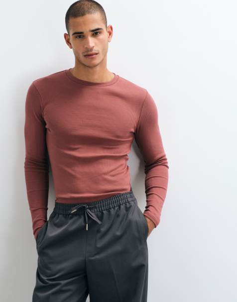 ASOS DESIGN muscle fit långärmad t-shirt i brun ribb - view 1