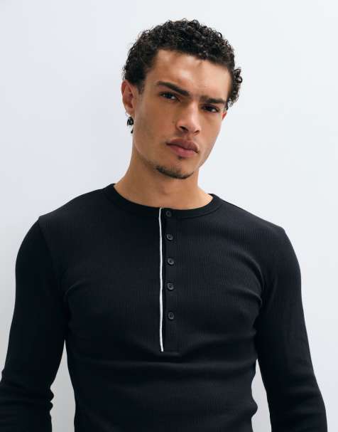 ASOS DESIGN muscle fit långärmad t-shirt med henley och passpoal i svart ribb - view 1