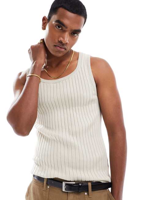 ASOS DESIGN - Muscle fit, lichtgewicht, geribbeld gebreid hemdje in stone