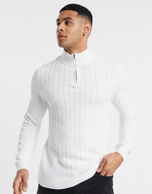 ASOS DESIGN muscle fit lightweight cable half zip jumper in white