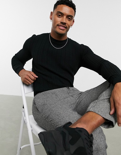 ASOS DESIGN muscle fit lightweight cable jumper in black