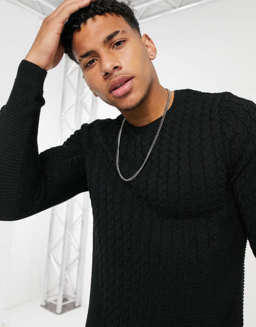 ASOS DESIGN muscle fit lightweight cable jumper in black