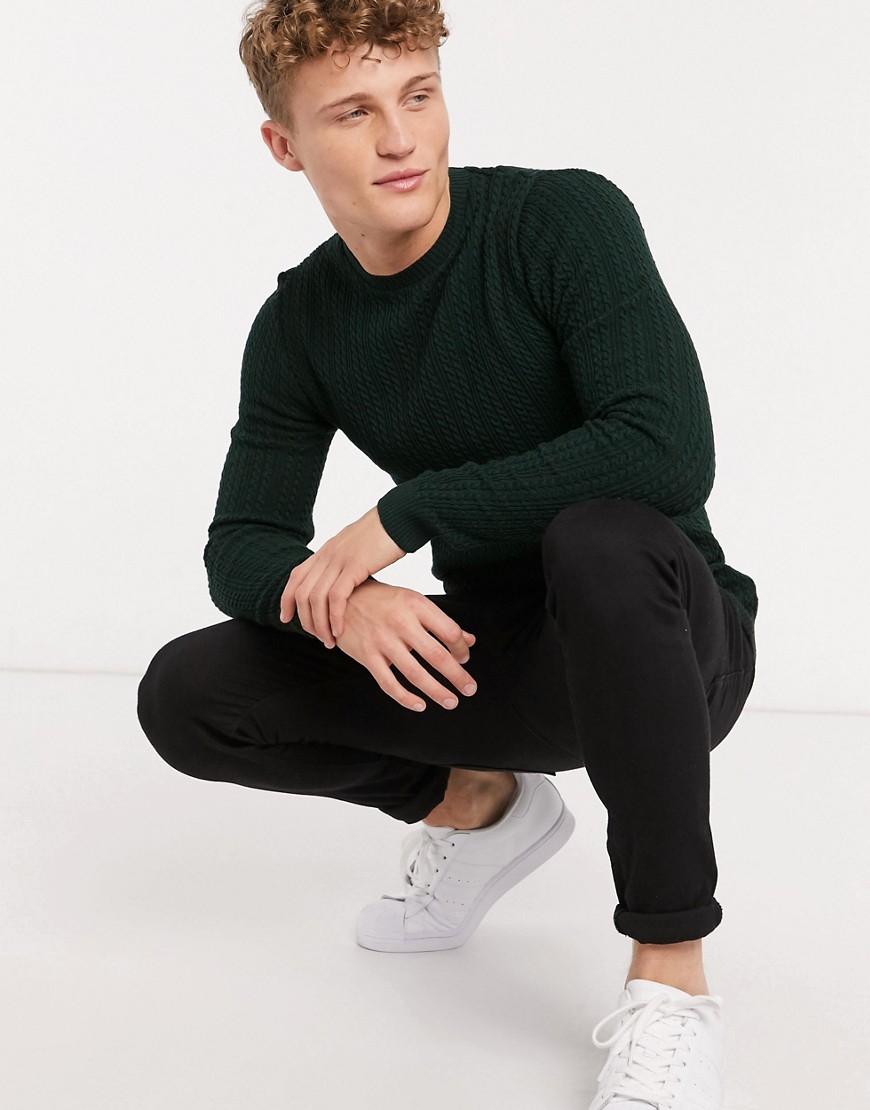 ASOS DESIGN muscle fit lightweight cable jumper in dark green