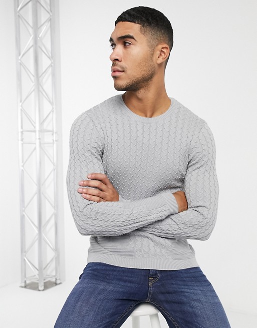 ASOS DESIGN muscle fit lightweight cable jumper in grey