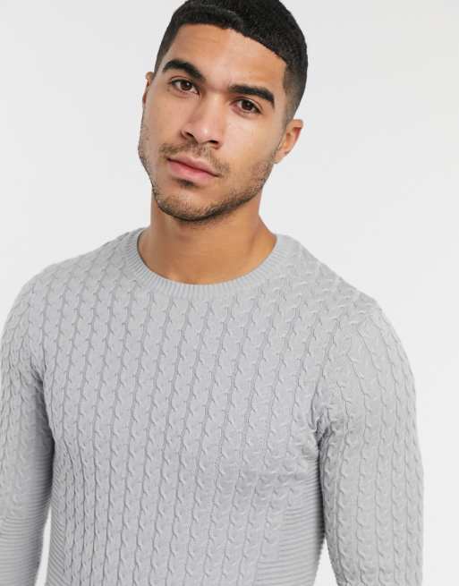 ASOS DESIGN muscle fit lightweight cable jumper in grey