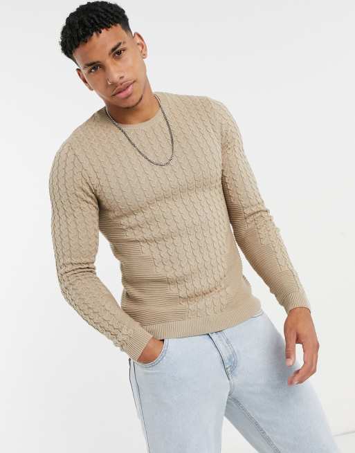 ASOS DESIGN muscle fit lightweight cable jumper in oatmeal