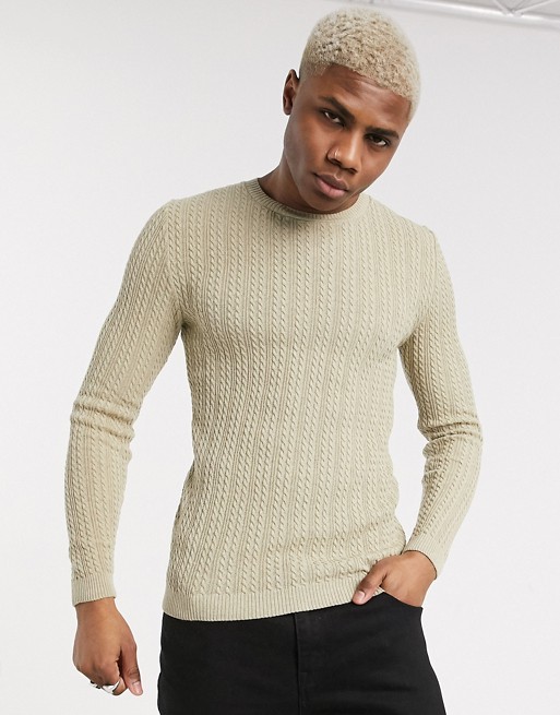 ASOS DESIGN muscle fit lightweight cable jumper in tan