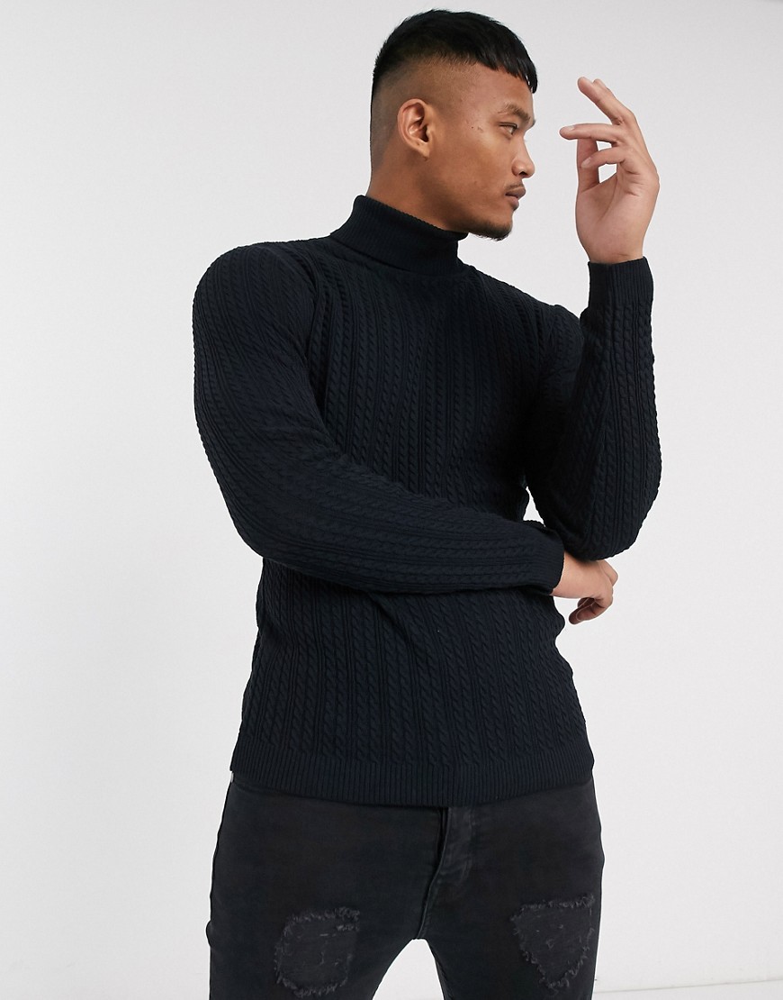 ASOS DESIGN muscle fit lightweight cable roll neck jumper in dark navy