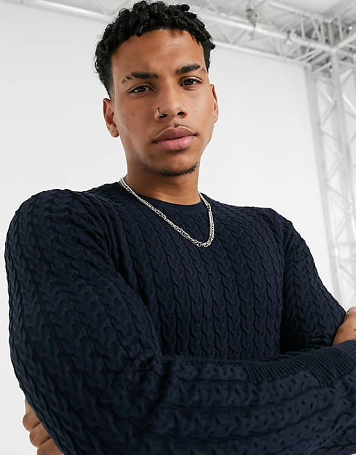 ASOS DESIGN muscle fit lightweight cable sweater in navy | ASOS
